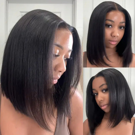Glueless Yaki Straight Short Bob Wig with Drawstring Pre-cut 7x5 HD Lace