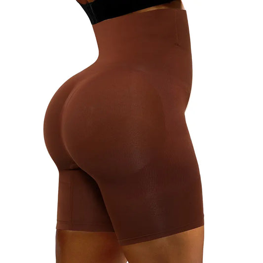 Woman wearing chocolate brown high-waist seamless shaping shorts