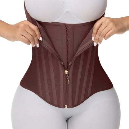 Woman wearing chocolate brown double-zip waist trainer corset
