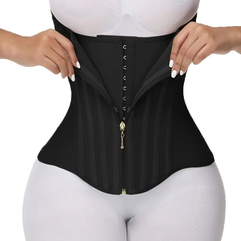 Woman wearing black double-zip waist trainer corset