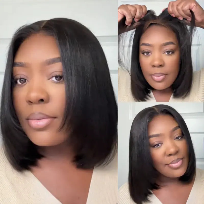 Glueless Yaki Straight Short Bob Wig with Drawstring Pre-cut 7x5 HD Lace
