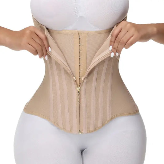 Woman wearing nude double-zip waist trainer corset