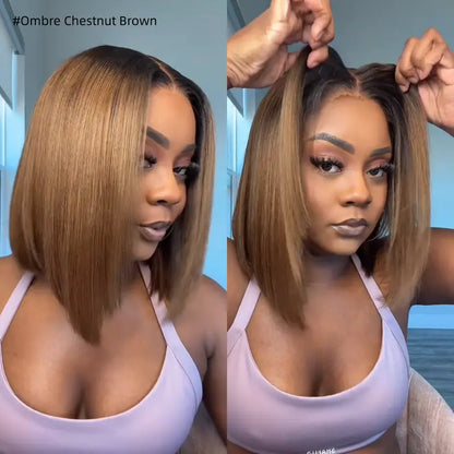 Glueless Yaki Straight Short Bob Wig with Drawstring Pre-cut 7x5 HD Lace